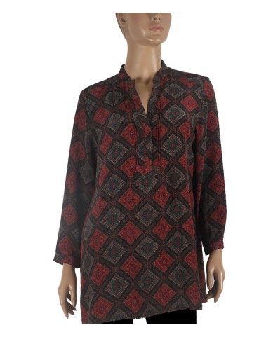 Long Silk Shirt - Pink And Green Tiny Flowers On Black Base