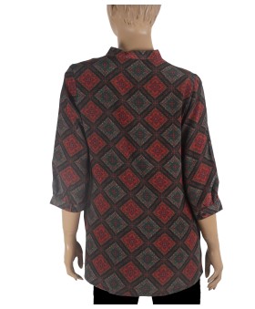 Short Silk Shirt - Pink And Green Tiny Flowers On Black Base