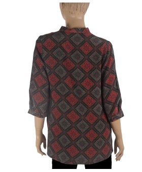 Short Silk Shirt - Pink And Green Tiny Flowers On Black Base