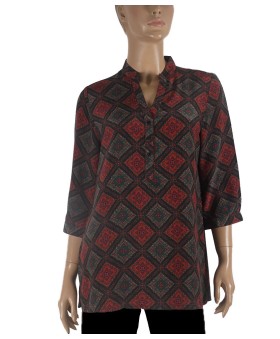 Short Silk Shirt - Pink And Green Tiny Flowers On Black Base