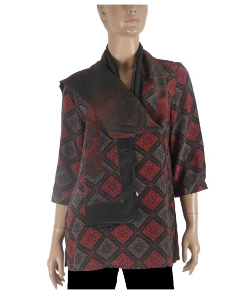 Short Silk Shirt - Pink And Green Tiny Flowers On Black Base