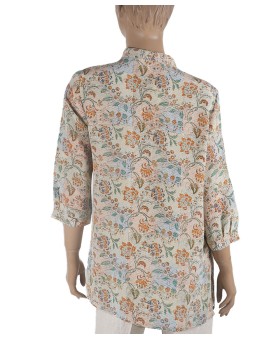Short Silk Shirt - Orange Floral On Beige Base