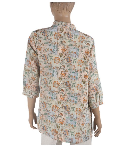 Short Silk Shirt - Orange Floral On Beige Base