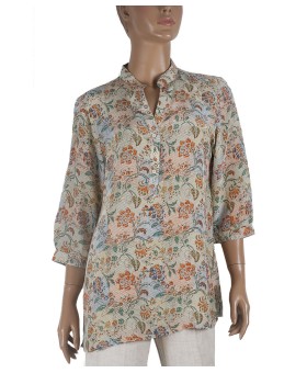 Short Silk Shirt - Orange Floral On Beige Base