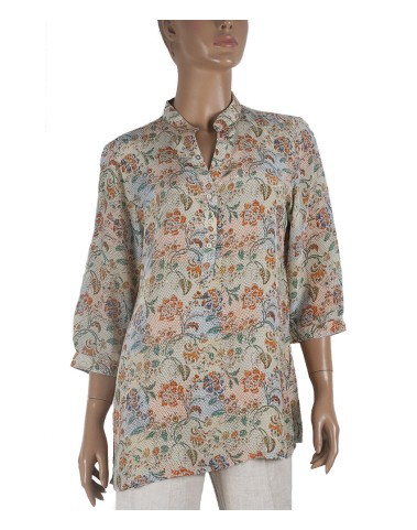 Short Silk Shirt - Orange Floral On Beige Base