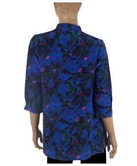 Short Silk Shirt - Deep Blue And Green Floral
