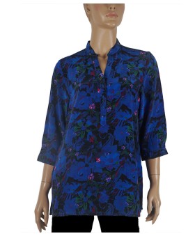 Short Silk Shirt - Deep Blue And Green Floral