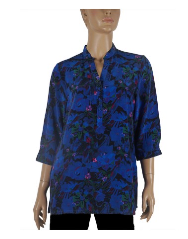 Short Silk Shirt - Deep Blue And Green Floral Short Silk Shirt - Deep Blue And Green Floral