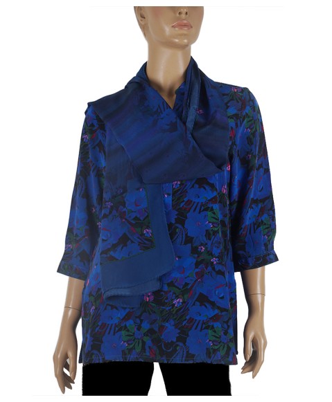 Short Silk Shirt - Deep Blue And Green Floral Short Silk Shirt - Deep Blue And Green Floral