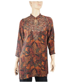 Antique Silk Kurti - Golden Embroidery Green Paisley