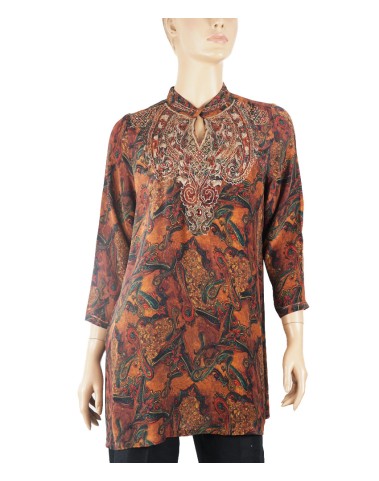 Antique Silk Kurti - Golden Embroidery Green Paisley