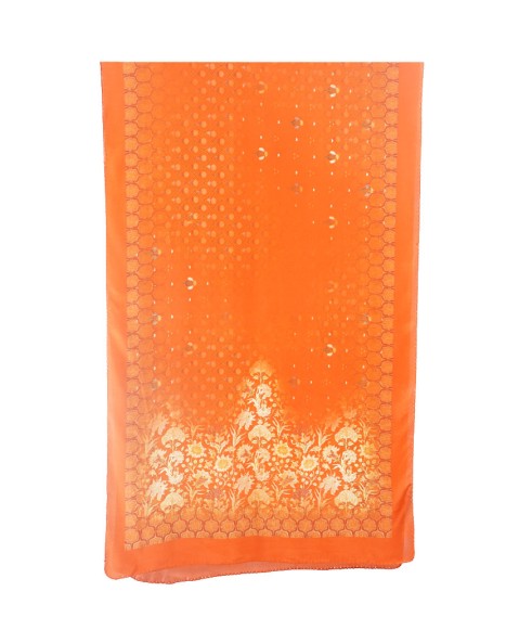 Crepe Silk Scarf - White Flowers With Orange Base