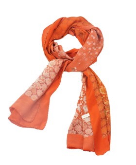 Crepe Silk Scarf - White Flowers With Orange Base