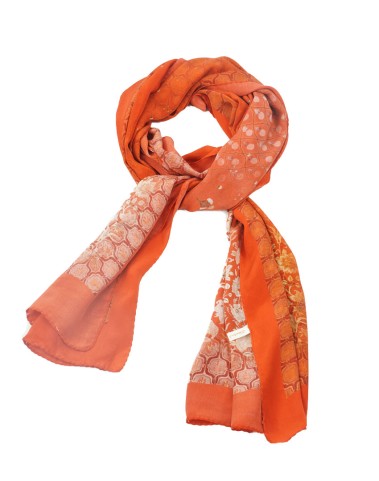 Crepe Silk Scarf - White Flowers With Orange Base