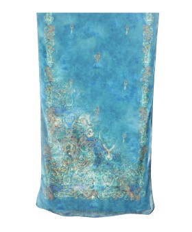 Crepe Silk Scarf - Ocean Blue Shade With Paisley Print