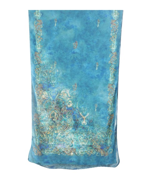 Crepe Silk Scarf - Ocean Blue Shade With Paisley Print