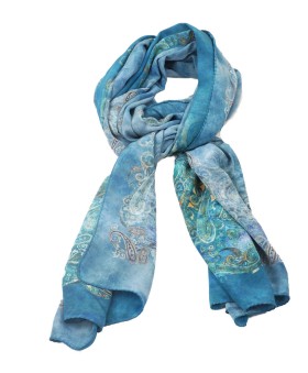 Crepe Silk Scarf - Ocean Blue Shade With Paisley Print