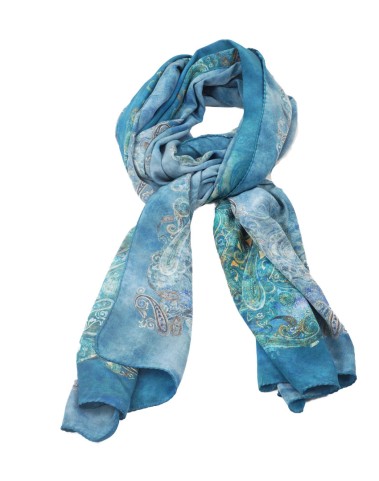 Crepe Silk Scarf - Ocean Blue Shade With Paisley Print