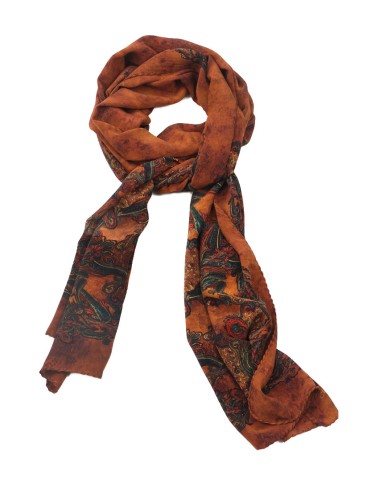 Crepe Silk Scarf - Blue And Green Paisley With Brown Base