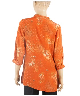 Short Silk Shirt - Little White Flowers On Orange Base