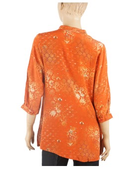Short Silk Shirt - Little White Flowers On Orange Base