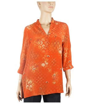 Short Silk Shirt - Little White Flowers On Orange Base