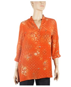 Short Silk Shirt - Little White Flowers On Orange Base