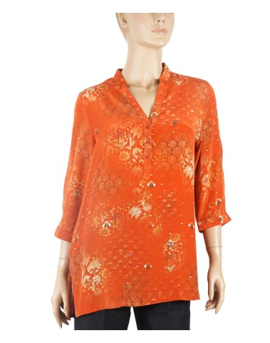 Short Silk Shirt - Little White Flowers On Orange Base