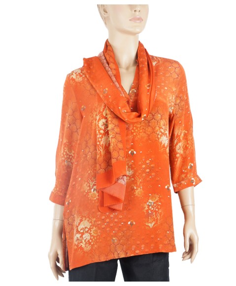 Short Silk Shirt - Little White Flowers On Orange Base