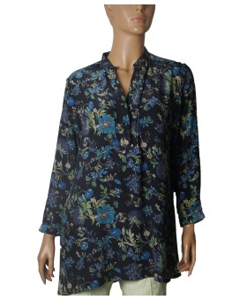 Long Silk Shirt -Midnight Bloom