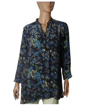 Long Silk Shirt -Midnight Bloom