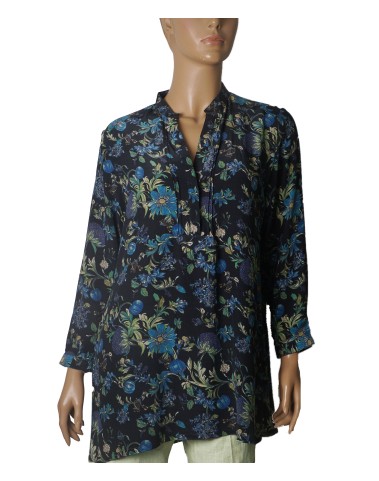 Long Silk Shirt -Midnight Bloom