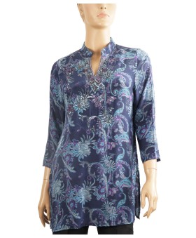 Antique Silk Kurti - Purple Embroidery With Blue Base