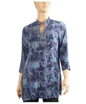 Antique Silk Kurti - Purple Embroidery With Blue Base