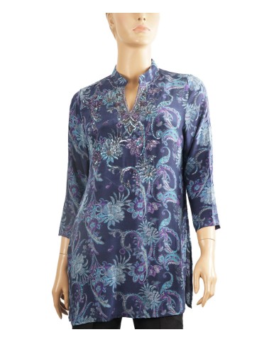 Antique Silk Kurti - Purple Embroidery With Blue Base