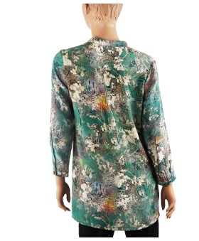 Long Silk Shirt - White Floral With Green Base