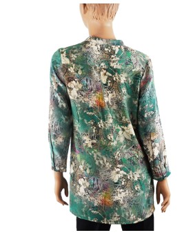 Long Silk Shirt - White Floral With Green Base
