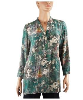 Long Silk Shirt - White Floral With Green Base