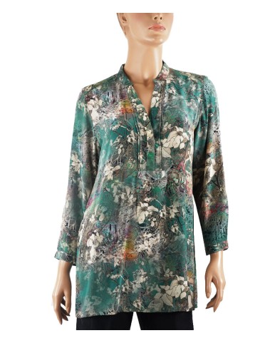 Long Silk Shirt - White Floral With Green Base