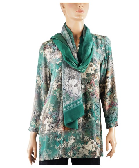 Long Silk Shirt - White Floral With Green Base