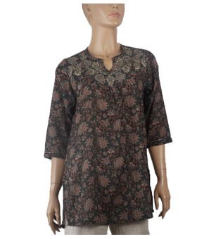 Antique Kurti - Orange Creeper On the Green Bottle Green Base