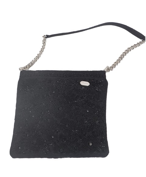 Square Theli - Black Floral Bead Work