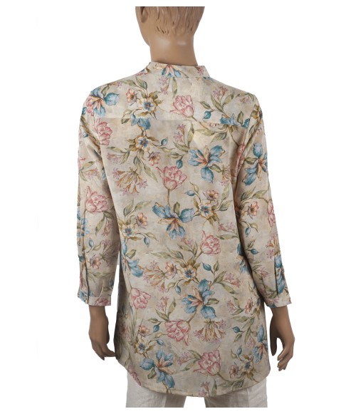 Long Silk Shirt - Blue And Pink Flowers