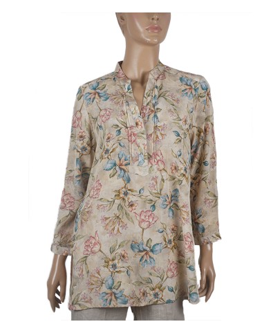 Long Silk Shirt - Blue And Pink Flowers