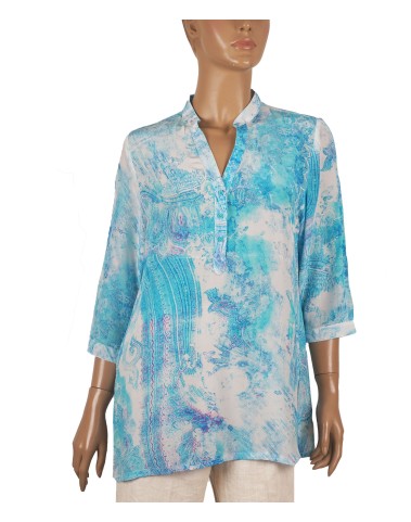 Short Silk Shirt - Sky Blue Abstract Short Silk Shirt - Sky Blue Abstract