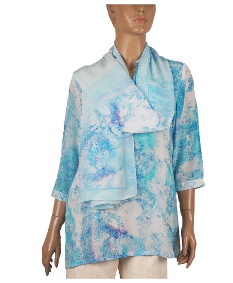 Short Silk Shirt - Sky Blue Abstract Short Silk Shirt - Sky Blue Abstract