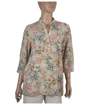 Short Silk Shirt - Pink And Blue Flowers