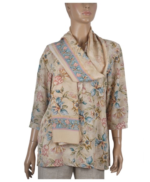 Short Silk Shirt - Pink And Blue Flowers Short Silk Shirt - Pink And Blue Flowers