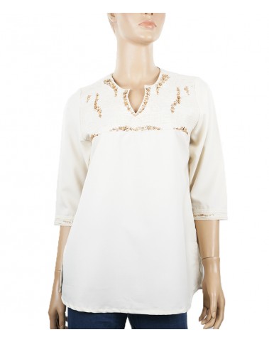 Embroidered Casual Kurti - Off White and Wooden Beads