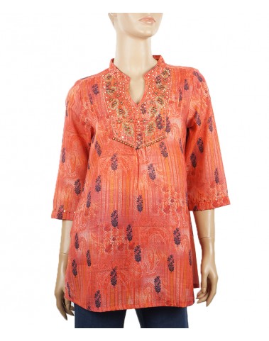 Embroidered Casual Kurti - Bright Orange Paisley